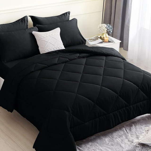 HEVUMYI King Size Comforter Set 7 Pieces, All Season Bed in a Bag for Bedroom, Hypoallergenic Bedding Sets King with Black Comforter, Flat Sheet, Fitted Sheet, Pillowcases & Pillow Shams (Black,King)