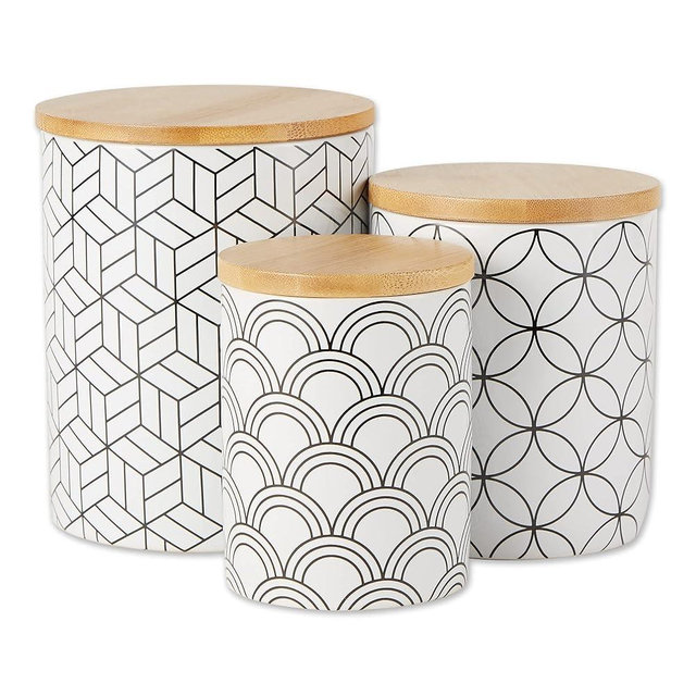 DII Kitchen Ceramics Collection, Canister Set, Mixed Print, White/Black, 3 Piece