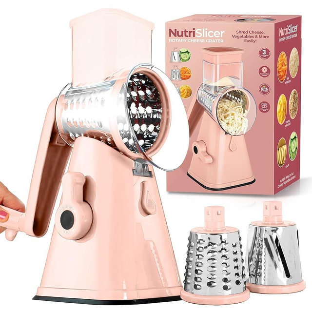EMSON Rotary Cheese Grater Hand Crank, Stainless Steel Rotary Graters for Kitchen with 3 Blades, Vegetable Slicer, Cheese Shredder with Suction Cup Base, Dishwasher Safe - Pink