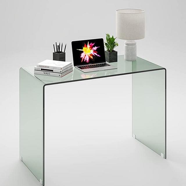 Neos Modern Furniture Bent Glass Computer Desk Rectangular Shaped PC Laptop Workstation Table for Home Office, 43.3" L, Clear