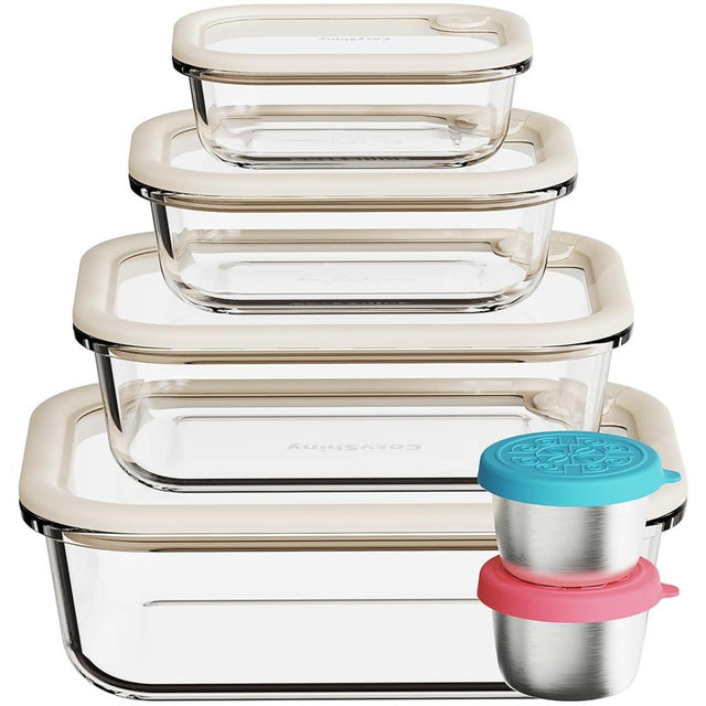 COSYSHINY Glass Food Storage Containers with Silicone Glass Lids, Stainless Steel Salad Dressing Containers, LeakProof Food Containers Set, 4-pack 12-21-35-50 oz（White）
