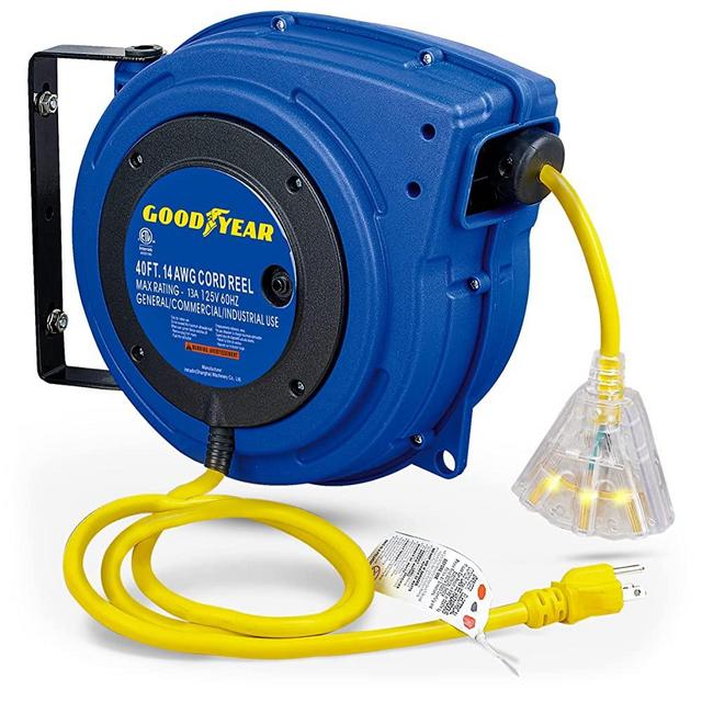 GOODYEAR Extension Cord Reel Extra Long 40 ft 14AWG 3C SJTOW, Triple Tap Connector, Heavy Duty, Slow Retraction Stop At Any Point
