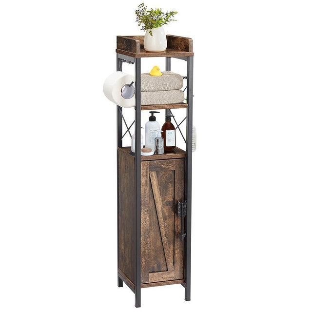 VECELO Small Cabinet, Slim Holder with Door & 2 Shelves, Upgraded Narrow Organizer for Restroom Bathroom Tiny Space,Fenced Top Waterproof Coating, Rustic Brown, Toilet Paper Storage