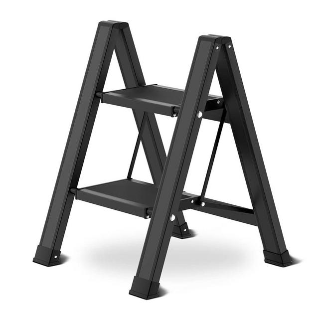 Step Ladder 2 Step Folding with Wide Anti-Slip Wide Pedal, Lightweight Aluminum Portable Step Stools for Adults, Multi-use Ladder with 330lbs Load Capacity for Home and Kitchen, Black