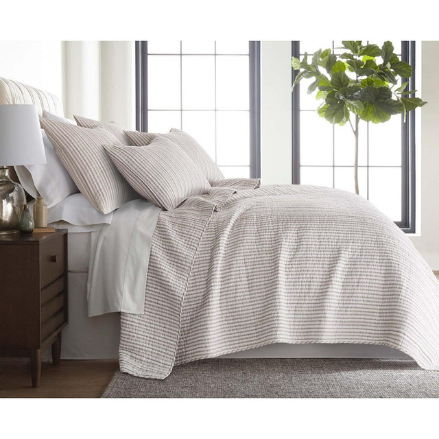 Tobago Stripe Taupe Quilt Set - One Full/Queen Quilt and Two Standard Shams - Levtex Home