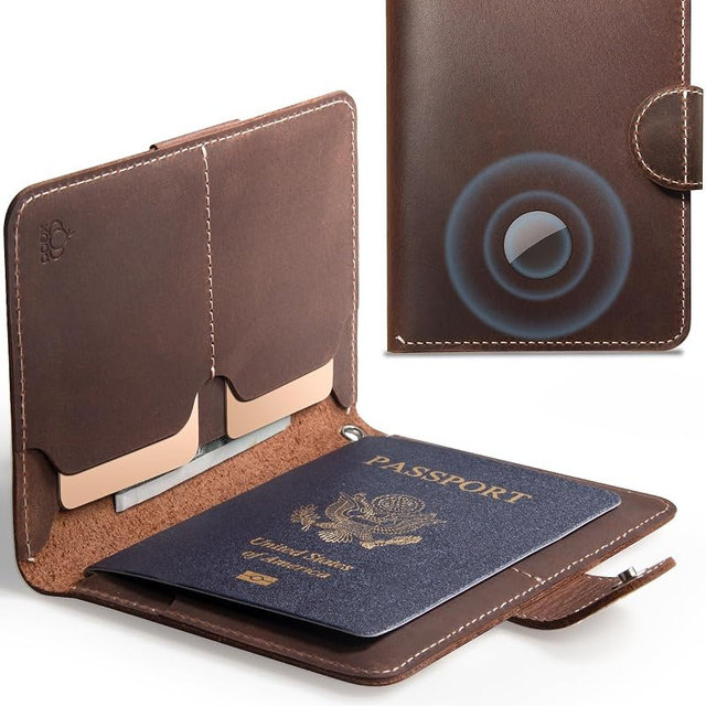 XGUO RFID Passport Holder for Travel with Hidden Airtag Slot – Genuine Leather Passport Wallet, Travel Gift for Men & Women