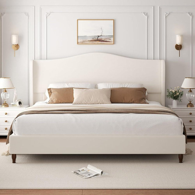 Konprosp King Size Bed Frame with 51" Tall Headboard, Chenille Upholstered Platform Bed Frames with Classic Curved Wingback & Retro Wood Legs, No Box Spring Needed, Noise Free, Easy Assembly, Beige