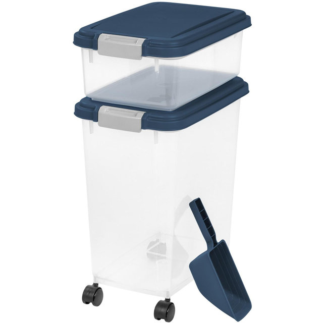 IRIS USA 30 lbs & 11 lbs Combo Airtight Dog Food Storage Container, Stackable Treat Box, 2-Cup Scoop, Casters, Keep Fresh, Easy Mobility, Navy