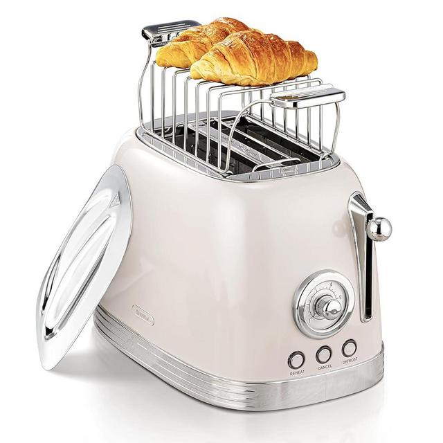 Wiltal Toaster 2 Slice, Retro Roaster, Bagel Toaster, With Stainless Steel Lid, With Bread Attachment, Preheat, Defrost And Cancel Functions, Countdown Timer Display, 6 Browning Levels, TS06 (Beige)