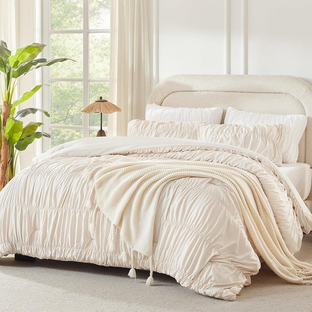 Andency Ruched Beige King Size Comforter Set, Shabby Chic Pleated Bedding Sets 3 Pieces, Lightweight Soft Boho Ruffle Bed Set for Girls, Kids, Women, All Season