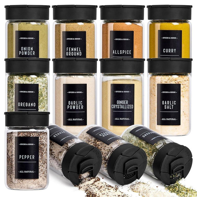 Spreccio 12 pcs Glass Spice Jars With Labels,6oz Glass seasoning Containers with Silicone Lids,Small Spice Storage Bottles for Kitchen Organizer,Seasoning Jars for Spice Rack,Cabinet,or Drawer