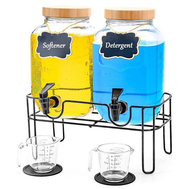 Liquid Laundry Detergent Dispenser BY VEGEVIGI, 128OZ Glass Laundry Soap Disepnser Container, Fabric Softener Dispenser, Laundry Room Organization, 2P