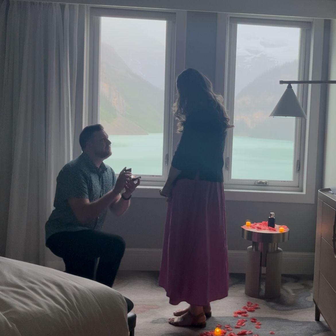 Patrick asked Kaitlyn to marry him on July 25th, 2025 at Lake Louise in Banff National Park.