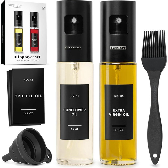 EDELHAUS Oil Sprayer Set of 2 Oil Spray Bottle Made of Stainless Steel & Glass, for Healthy Cooking, Sprayer for Precise Dosage, for Cooking Oil & Vinegar Including (Black Lids, 2 Pack)