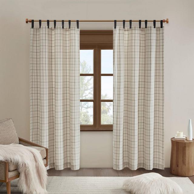 84"x50" Preston Plaid Faux Leather Tab Top Room Darkening Curtain Panel with Fleece Lining Off White/Brown