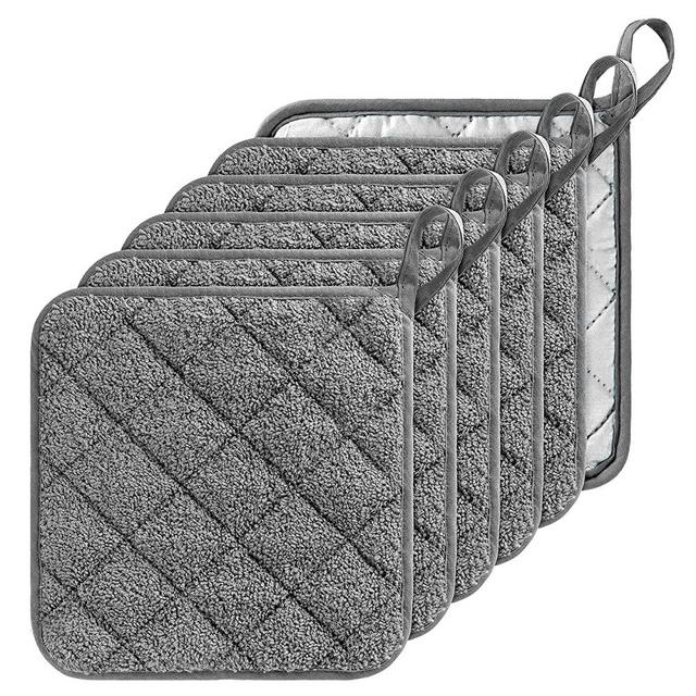 GROBRO7 6Pcs 100% Cotton Quilted Terry Oven Set Pot Holders 7”x7” Heat Resistant Multipurpose Hot Pads with Hanging Loop Machine Washable Oven Mitts for Daily Kitchen Cooking and Baking Grey