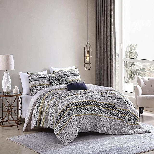 Bebejan Echo 100% Cotton Sateen 5 Piece Comforter Set | Cozy, Soft, Breathable | Contemporary Striped Design for All Seasons | Printed, Reversible | 1 Comforter, 2 Shams, 2 Pillows (Full/Queen)