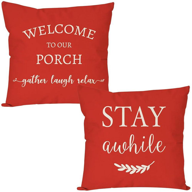 PANDICORN Welcome to Our Porch Stay Awhile Farmhouse Decorative Throw Pillow Covers 18x18 Set of 2 Red Outdoor Christmas Porch Pillows Decorations Cushion Cases for Home Couch Front Porch Patio Decor