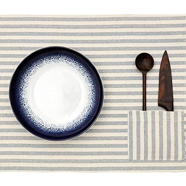 MEEMA Cloth Placemats Set of 4 | Eco Friendly Recycled Denim and Cotton Farmhouse Placemats - Striped with Pocket | Washable Placemats for Dining Table, Tablemats for Special Ocassions | 14 x 20 in
