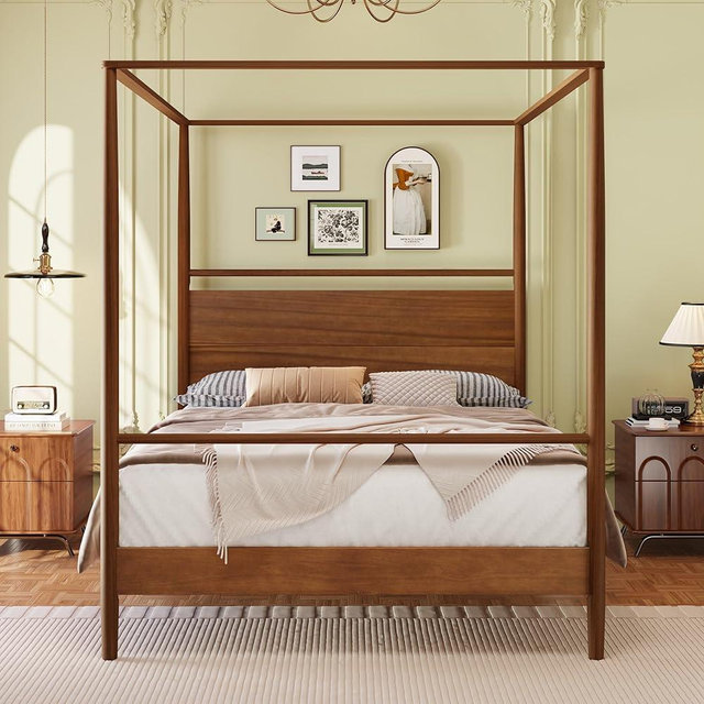 LUMISOL Canopy Bed Frame King Size with Headboard, Solid Wood 4 Posters Bed Frame with Uner-Bed Storage Space, No Box Spring Required, Easy Assembly, Walnut
