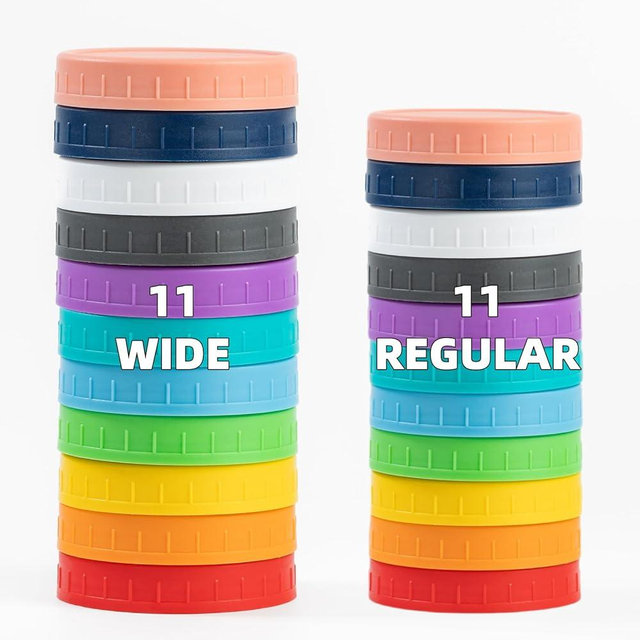 Bedgeta 22 Pack Plastic Mason Jar Lids, 11 Wide Mouth & 11 Regular Mouth Mason Jar Lids with Silicone Rings,Thickened Leak-proof Lids Fit Ball,Kerr and More, 86mm & 70mm Mason Jar Lids(Multicolored)