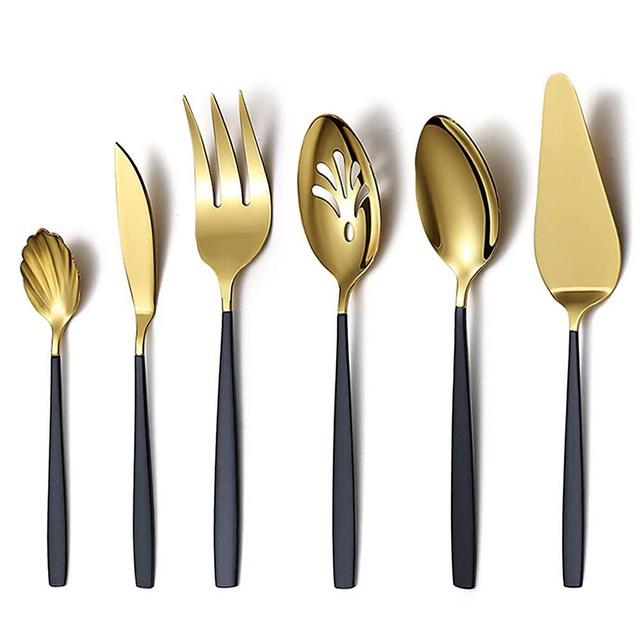 Amazon Brand Black Gold Serving Spoon 6 Pieces, Black Gold Flatware Serving Set, Serving Utensils, Include Slotted Spoon, Serving Spoon, Cake Server, Butter Knife, Sugar Spoon, Serving Fork