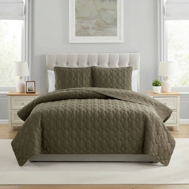 VCNY 3pc King Circle Pinsonic Quilt Set Olive Green: Hypoallergenic, Microfiber, Embroidered Details
