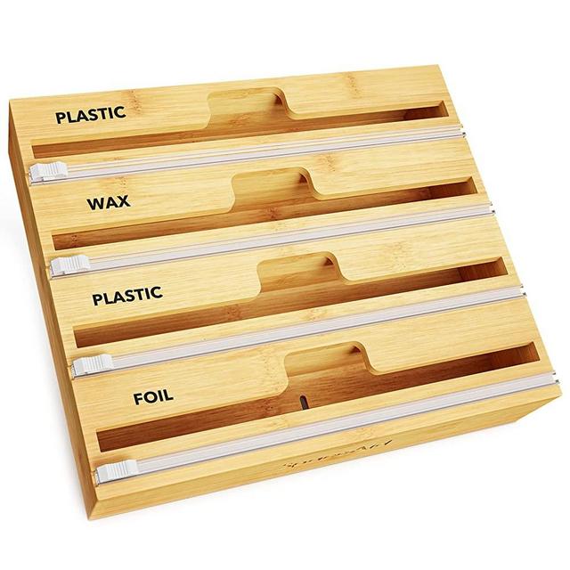 SpaceAid WrapNeat 4 in 1 Wrap Organizer with Cutter and Labels, Plastic Wrap, Aluminum Foil and Wax Bamboo Dispenser for Kitchen Storage Organization Holder for 12" Roll (Natural, 4-Slot)