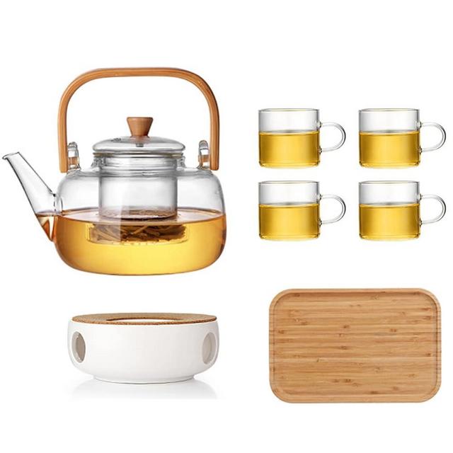 Taiyoko Japanese Heatproof Glass Teapot Clear Tea Pot with Infuser Teapots 33 oz/1000ml Borosilicate Glass Teapot for Loose Leaf and Blooming Tea Kettle Set Include 4 Cup 1 heater 1Tray