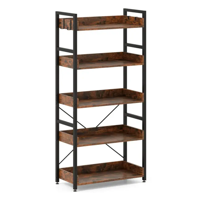 Costway 1 PCS 5-Tier Storage Rack with 4 Hooks Open Display Shelves Metal Frame Display