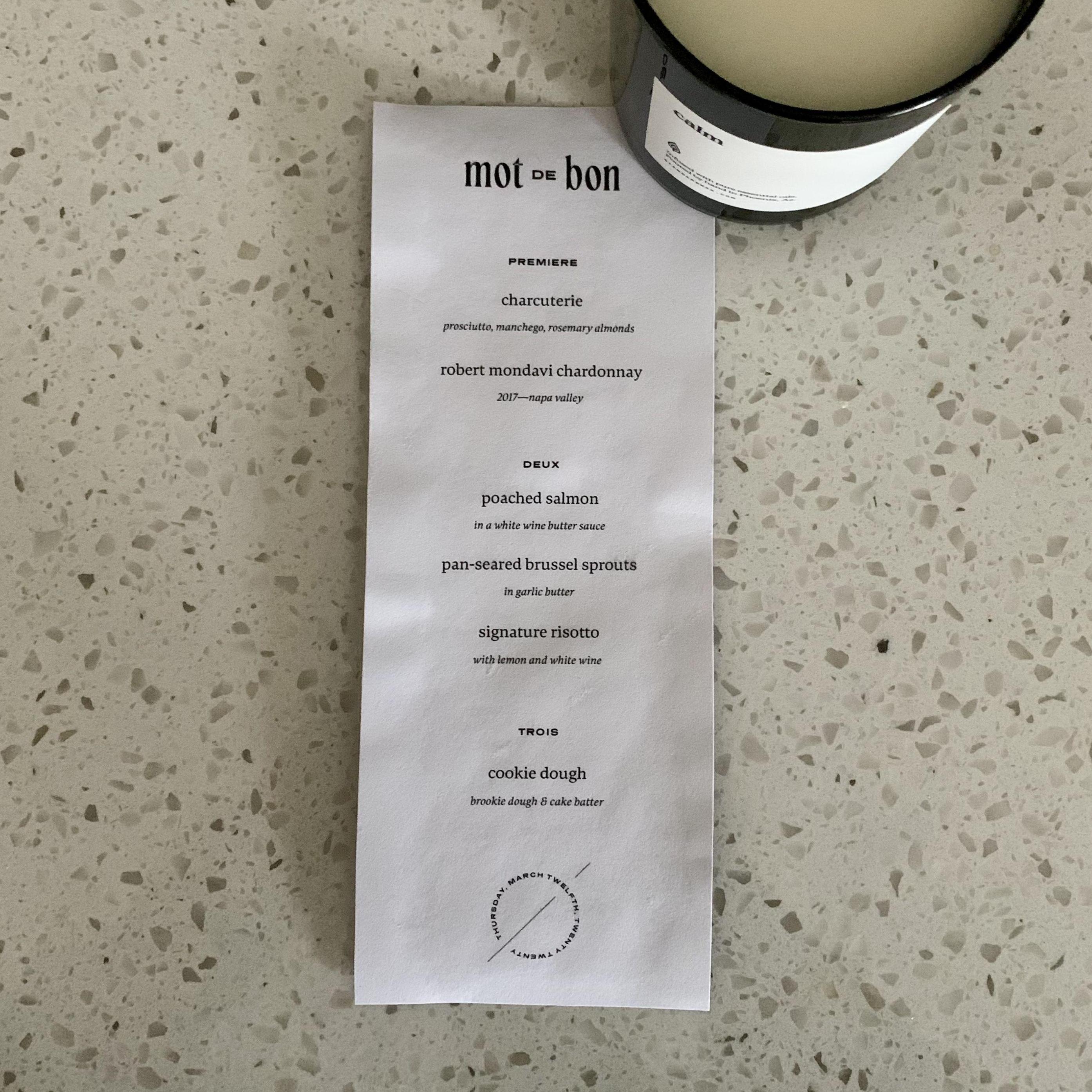 Sam branded his apartment as "Mot de Bon" when Kaitlin visted him in Chicago the first time. In addition to the dinner menu, the back showcased curated items, including the featured publication: The Book of Comforts