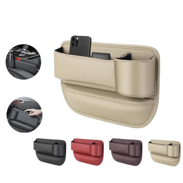 Car Leather Cup Holder Gap Bag,Seat Gap Storage Box,Adjustable Car Seat Storage Box,Leather Cup Holder Gap Bag with Cup Holder for Phones Glasses Keys Cards (Beige,B)