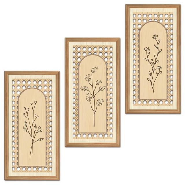 IARTTOP 3 Pcs Boho Arch Wood Wall Art 8x16 Inch Minimalist Hollow Rattan Botanical Floral Wall Decor Rustic Farmhouse Wooden Hanging Decor for Living Room Bedroom Office Home Decor