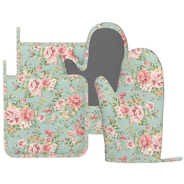 DYCBNESS Pink Flower Oven Mitts Pot Holders Set Silicone Vintage Spring Romantic Bloom Floral and Leaf Green Kitchen Oven Mitts Heat Resistant Potholders Non-Slip 4pcs Hot Pads and Oven Gloves Sets