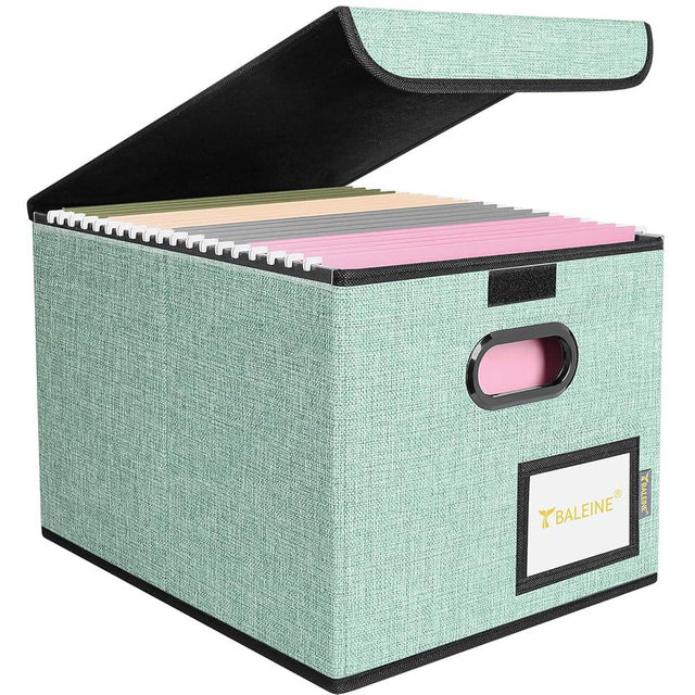 BALEINE File Organizer Box with Lid, Collapsible File Folder Organizer with Plastic Slide, Hanging File Folder Box for Office Document Storage (1 Pack, Green)