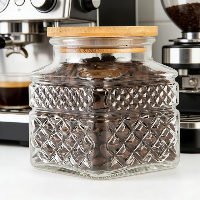 Glass Storage Canister with Airtight Lids, 20.3 FL OZ Thick Glass Candy Jar for Coffee Bean, Cocoa powder,Dog treats, Snacks Vintage Decorative Square Glass Jars for Coffee Bar Kitchen Party Counter