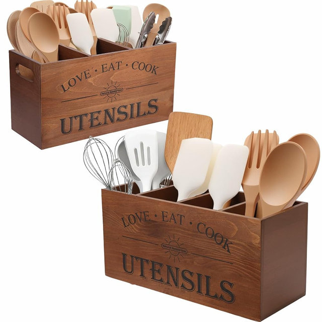 Natural Summertime 2 PC Wooden Utensil Holder,（With 4-Compartments size*1 + 3-Compartments size*1） Extra Large Kitchen Counter,Cooking Spatula Organizer,Farmhouse Decor, Rustic Cooking Utensil