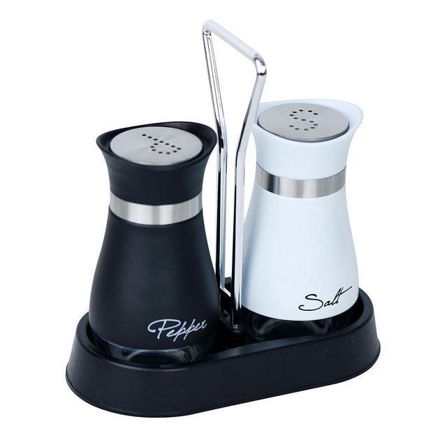 2 PCS - Stainless Steel and Glass Salt and Pepper Shaker Sets with Holder (BLACK&WHITE)