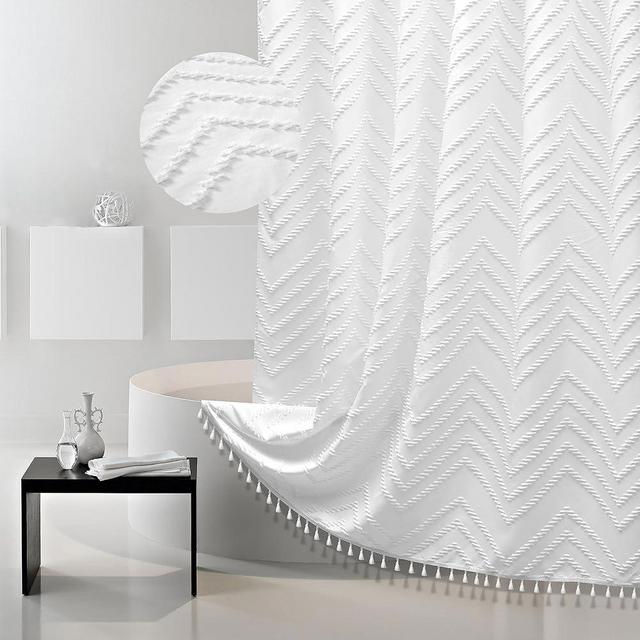 Boho Shower Curtain with Tassel Woven Fabric White Shower Curtain, Extra Long, 72 x 78, Modern Chic Textured Tufted Chevron Striped Minimalist Bathroom Shower Curtain