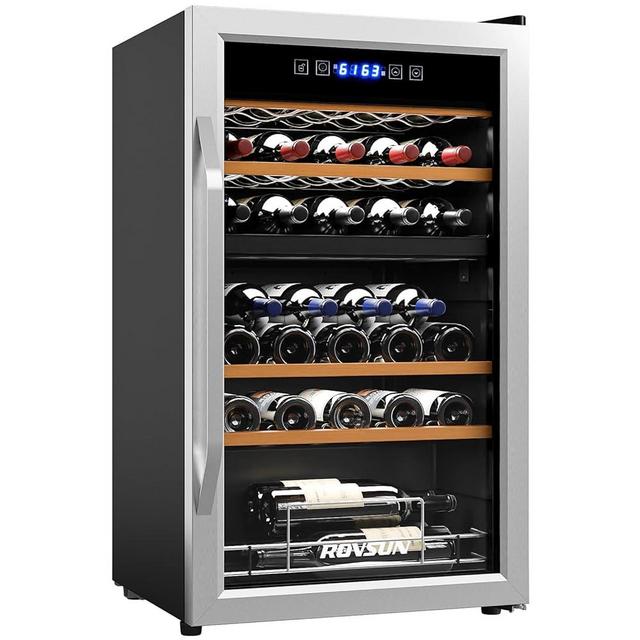 ROVSUN 33 Bottle Wine Fridge, Dual Zone Wine and Beverage Refrigerator with Independent Temp & LED Control Panel, Freestanding Wine Cooler Chiller for Red White Wine, Champagne, Beer