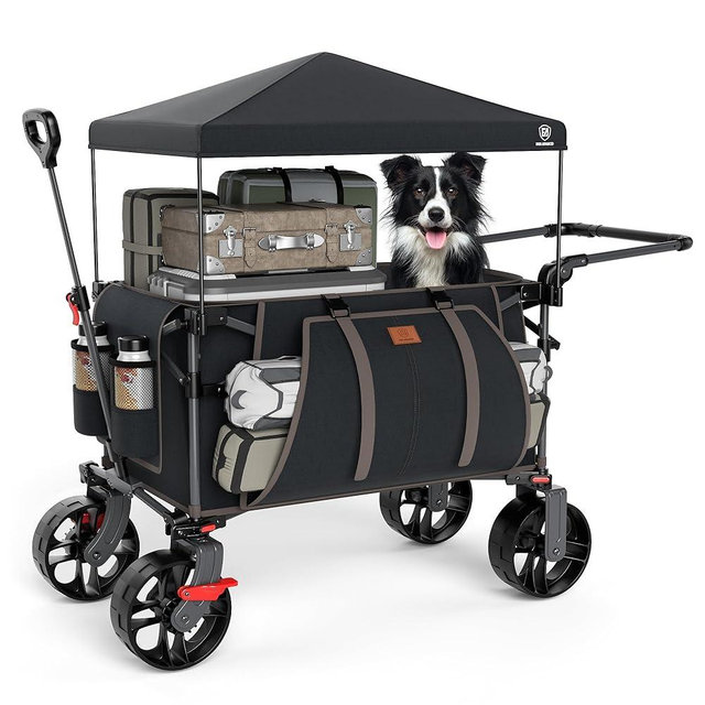 EVER ADVANCED Folding Push Wagon with Canopy, Portable Shopping Cart with Brakes, Collapsible Wagon Cart with All-Terrain Big Wheels for Camping, Beach, Sports