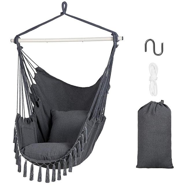 SUNCREAT Hammock Chairs Hammock Chair Swing with Steel Support Bar, Side Pocket, Large Swing Chair for Bedroom, Patio, Garden, Grey