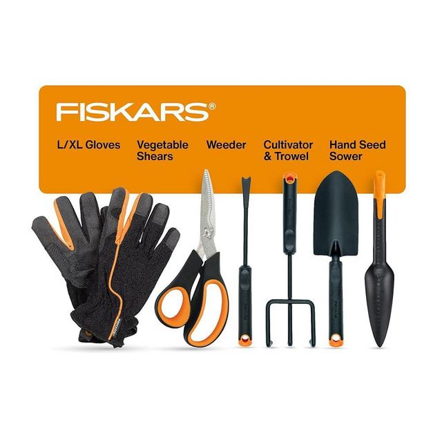 Fiskars Vegetable Garden Tool Set with Vegetable Shears, Seed Sower, Trowel, Cultivator, Weeder, and L/XL Garden Gloves for Indoor or Outdoor Gardening (6 Piece Kit(