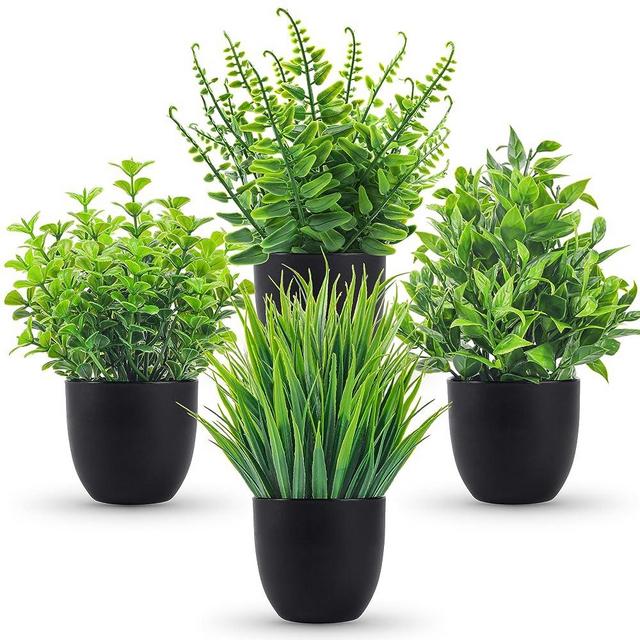 Der Rose Fake Plants 4 Packs Artificial Plants Small Faux Plants in Black Pot for Bathroom Home Office Table Decor Indoor