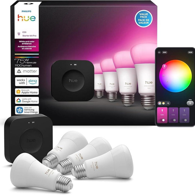 Philips Hue Starter Kit: Bridge Pro + 4 A19 E26 Smart Bulbs, White & Color Ambiance, Dimmable, Smart Light Hub, Works with Apple Home, Alexa, Google, Samsung SmartThings