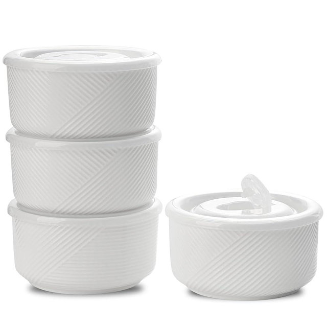 Adewnest Ceramic Bowl with Lid: Microwavable Food Storage Containers with Lids - 5 Inch Porcelain Bowls Set for Lunch, Picnic, Camping - Serving Bowls with Lids, 20 oz, Set of 4 (White)