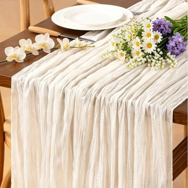 Jimtx 12pcs Ivory White Cheesecloth Table Runner Boho Gauze Table Runners 120 inches 10FT Summer Sheer Table Cloth for Wedding Festival Baby Bridal Shower Birthday Party Graduation Holiday Home Decor