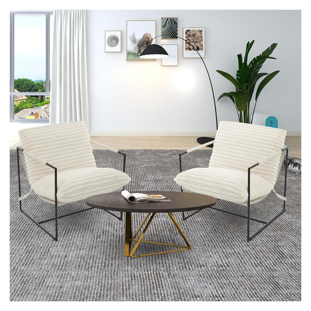 Living Room Sling Chair, Set of 2, Metal Frame with Armrests, Shredded Foam Cushion, Oversized Lounge Chair for Bedroom, Study, White