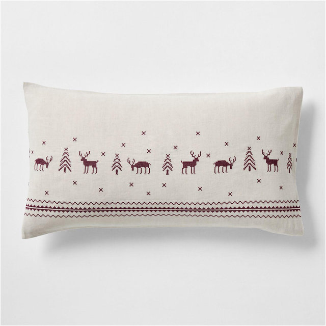 Holiday Reindeer Embroidered Cotton Linen Cross Stitch Natural King Bed Pillow Sham