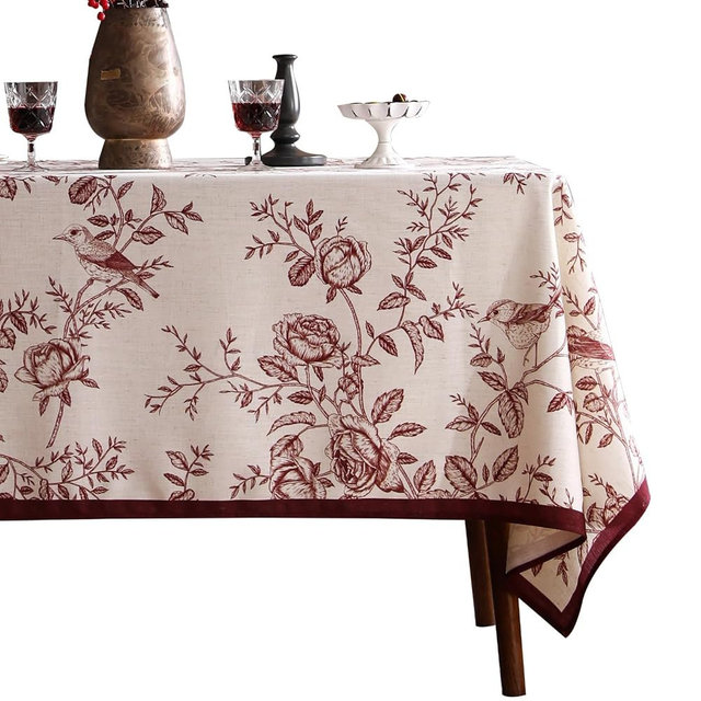 ISAENNE Designer Vintage Linen Extra Long Rectangle Tablecloth,Red Floral Pattern Linen Stain Resistant Table Cloth,Decor Tablecloths for Dining Thanksgiving Kitchen Party,63"*110"-Harmony
